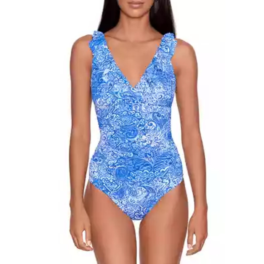 Lauren Ralph Lauren Women's Printed Ruffled Tummy-Control One-Piece Swimsuit - Picture 1 of 4